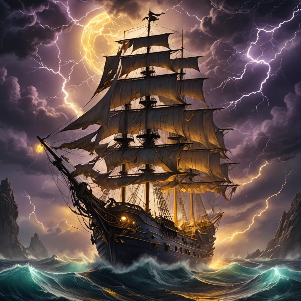 Ghost Ship Sailing in Lightning Storm, Dark Fantasy Art