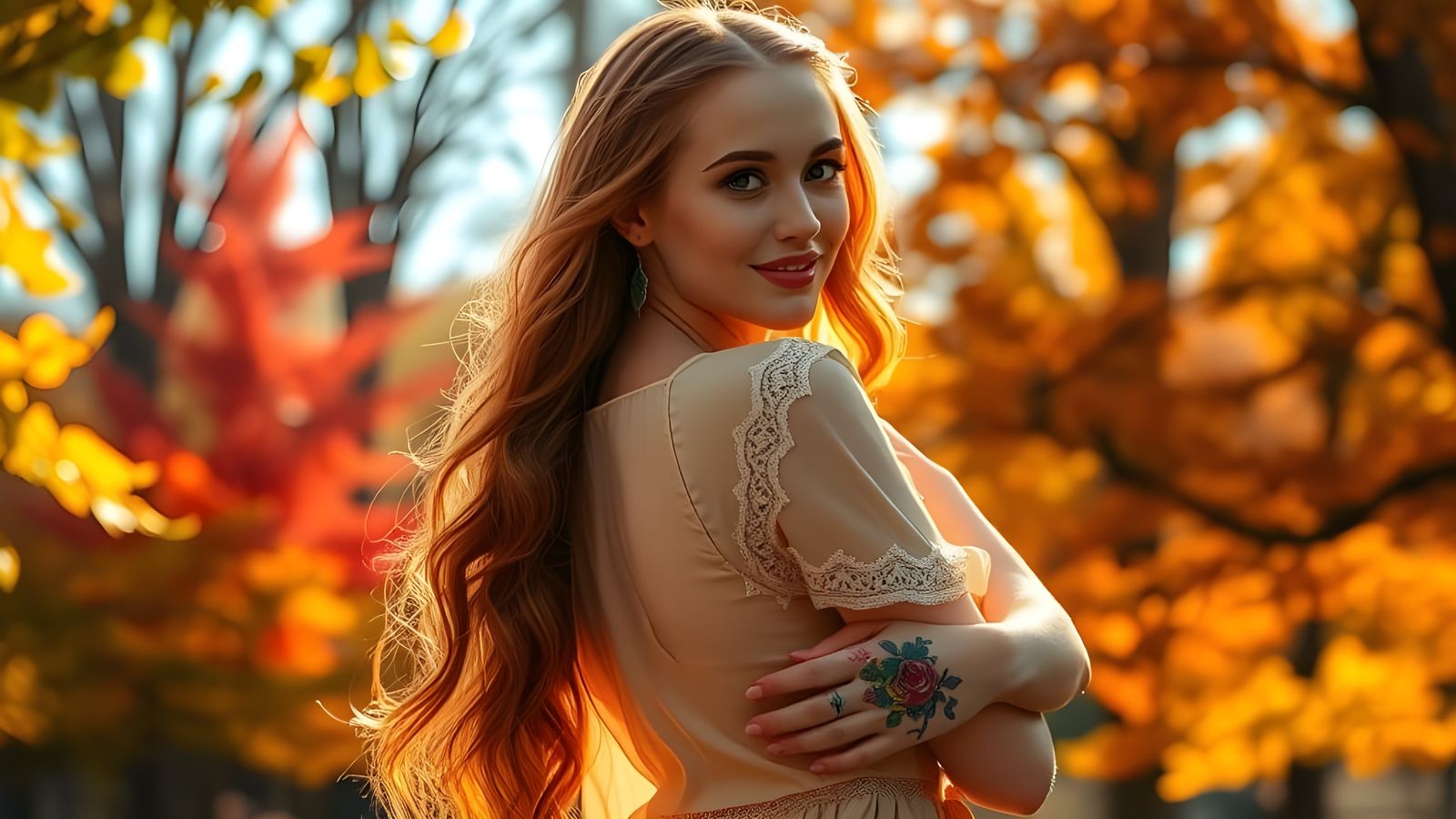 Graceful Tattoo Artist in Autumn Landscape