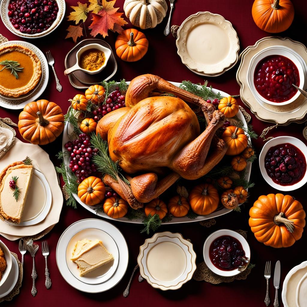 Thanksgiving Harvest Table with Turkey and Pumpkin Pie