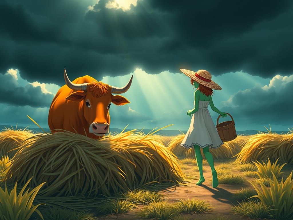 Vibrant Alien Landscape with a Cow and a Farmer in Studio Gh...