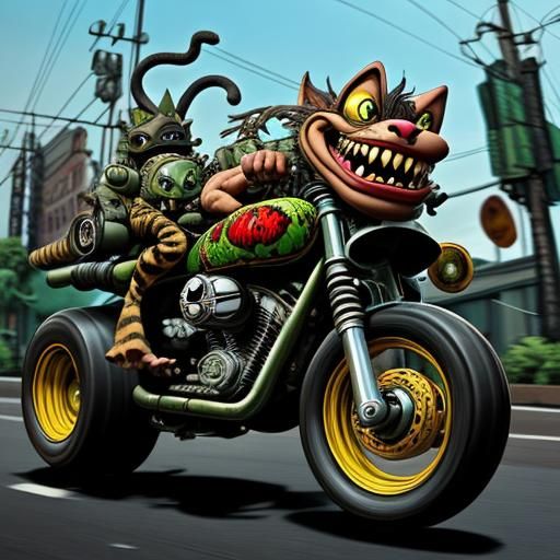 Ratfink Cat Rides Motorcycle in Hot Rod Art Style