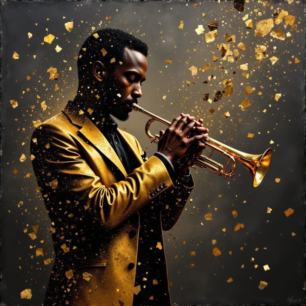 Trumpet Player in Profile with Gold and Brass Leaf