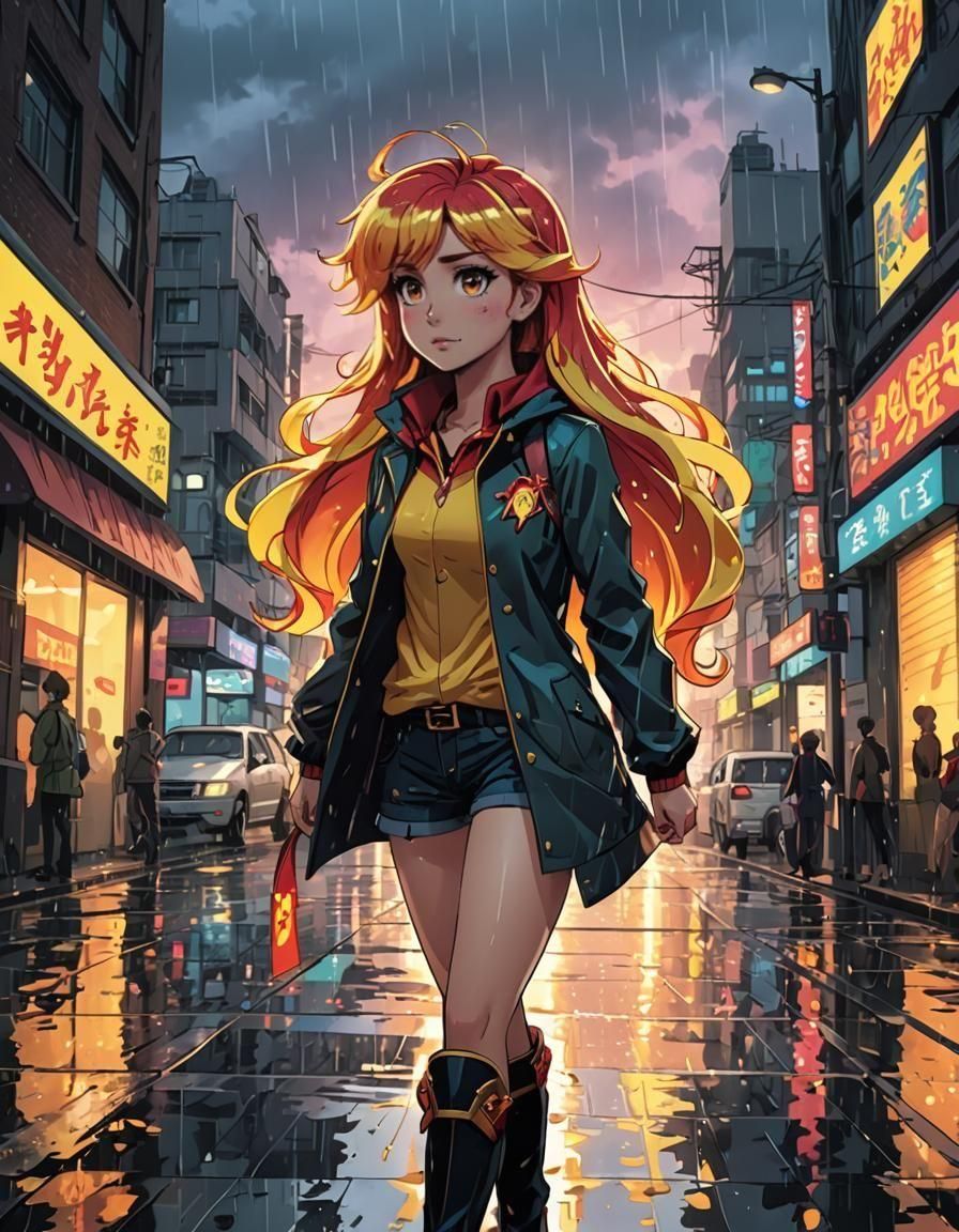 Sunset Shimmer in Rainy Anime Cityscape