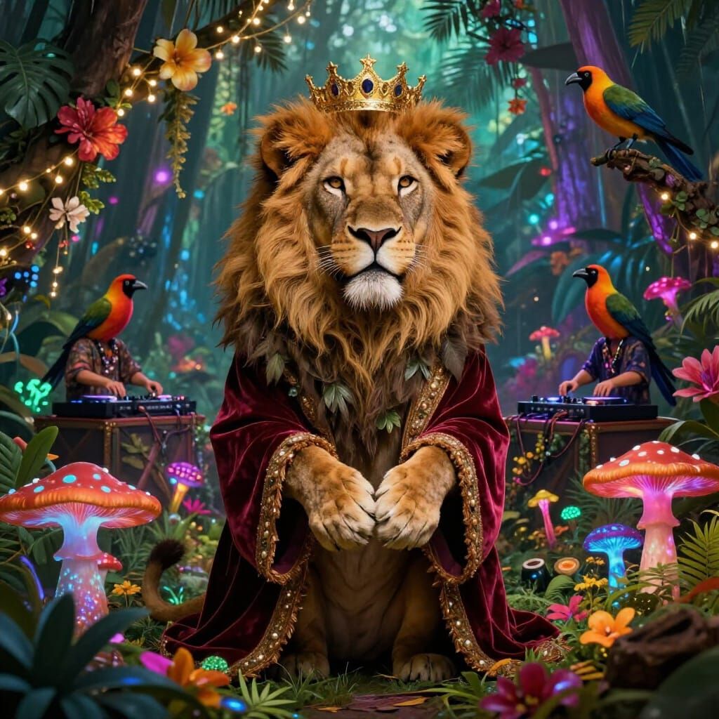 Majestic Lion King of Jungle Rave in Maximalist Digital Art