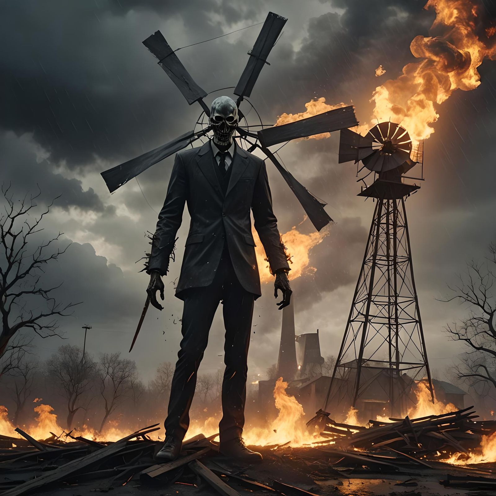 Scarred Man Before Burning Windmill: Detailed Matte Painting