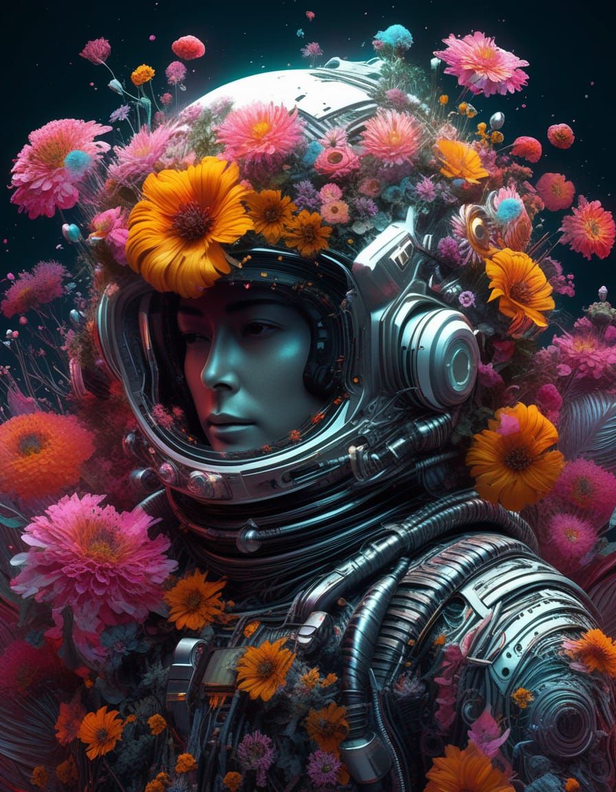 Floral Cyberpunk Astronaut in Explosive Detail