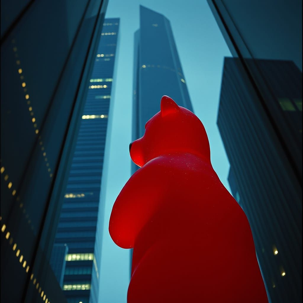 Giant Gummy Bear Views Cityscape From Skyscraper