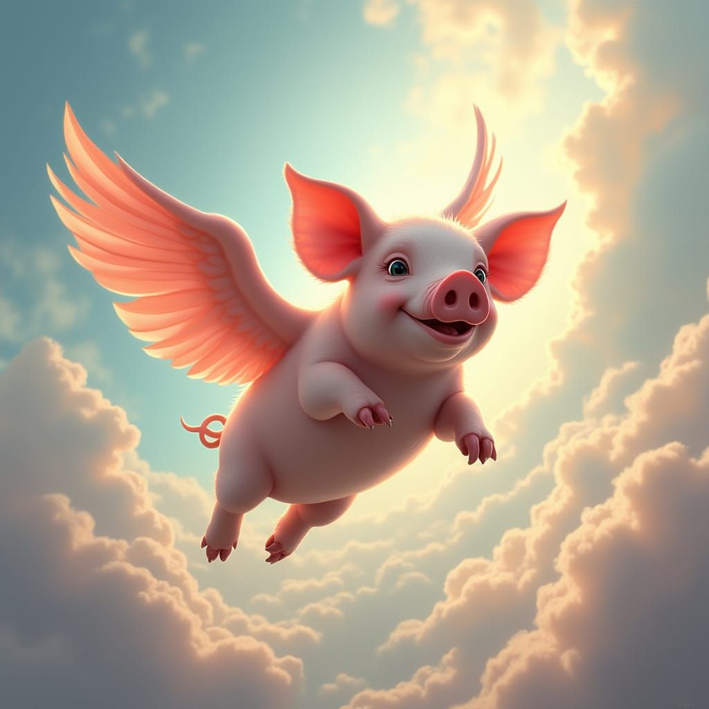 Majestic Flying Pig in Whimsical Fantasy Landscape