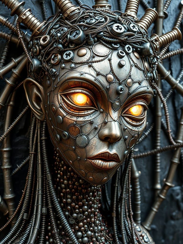 Metal Dryad Sculpture with Glowing Eyes