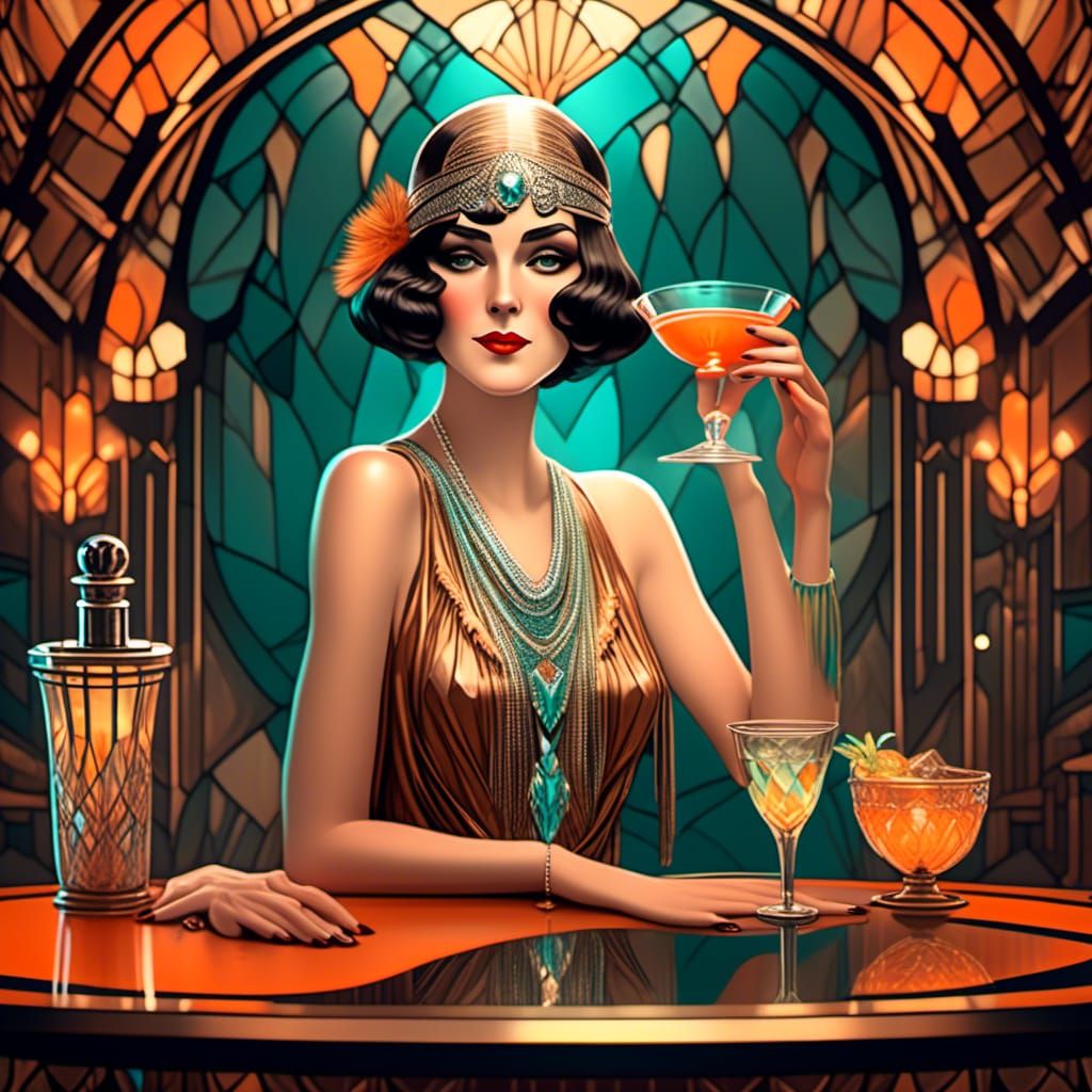 Glamorous Flapper Drinking Cocktail in Art Deco Style