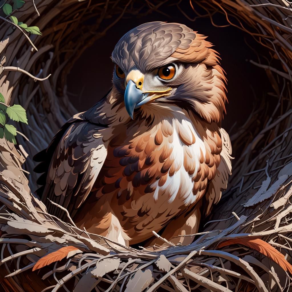 Detailed Portrait of Red-Tailed Hawk in Nest