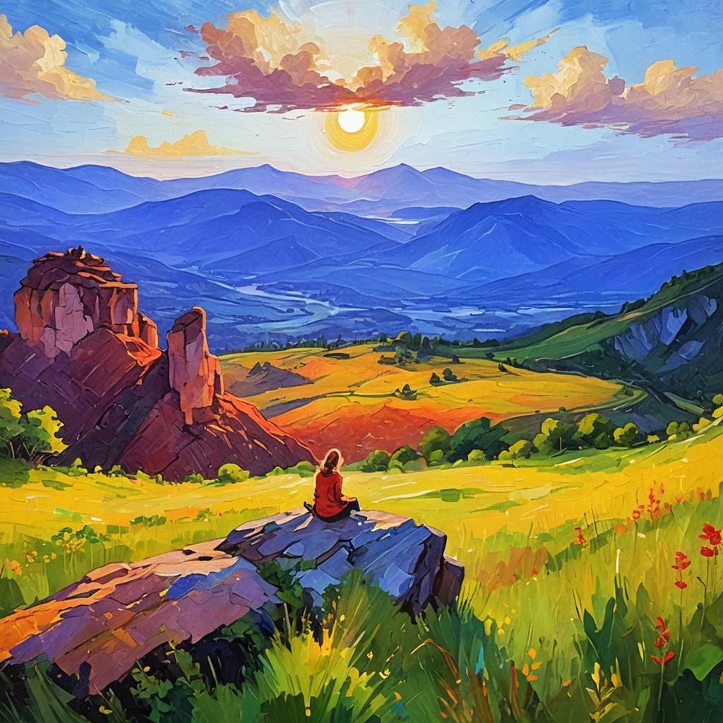 Woman and Sunset as Vibrant Oil Painting