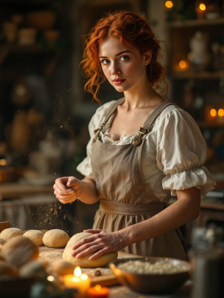 Redhead Baker Kneading Dough by Firelight