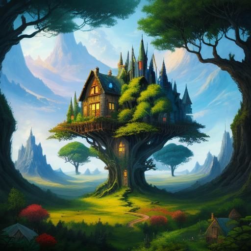 Fantasy Treehouse in Abstract Landscape