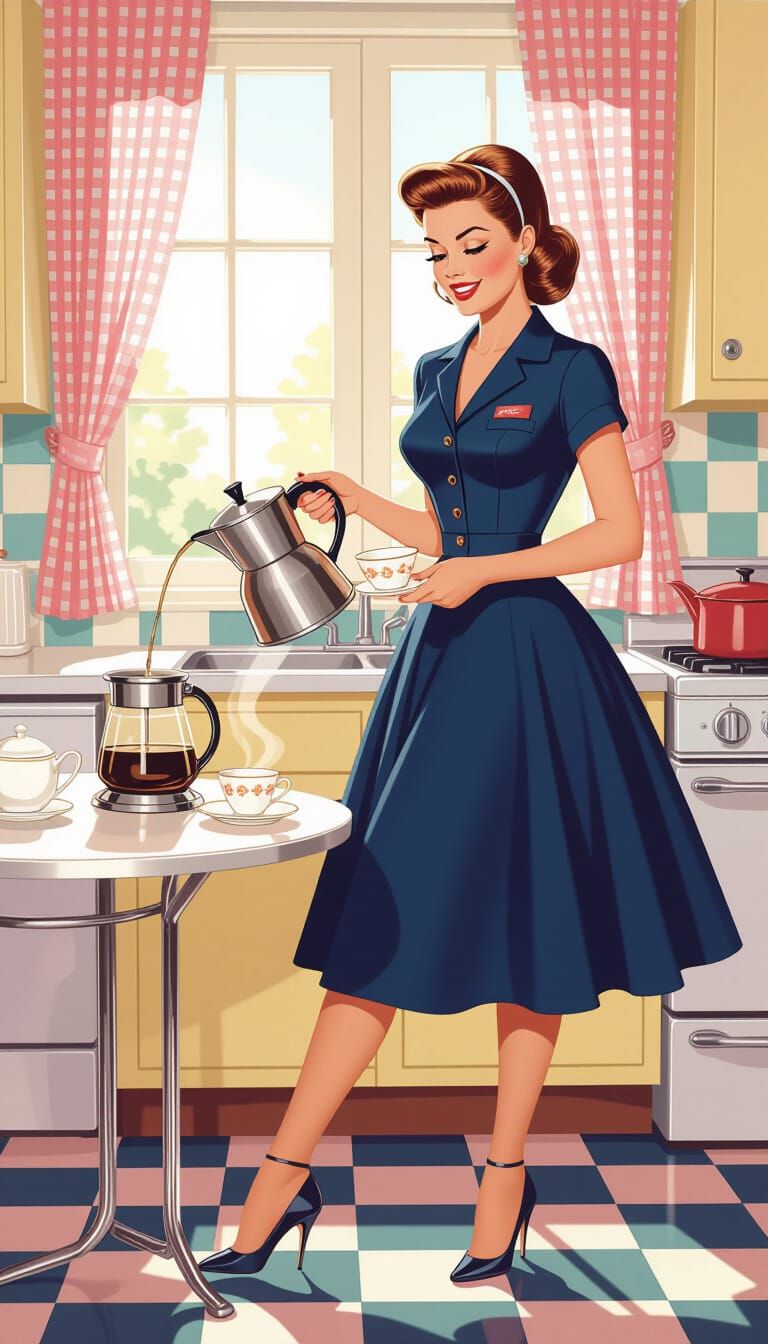 Elegant Housewife Pouring Coffee, 1950s Pin-Up Style