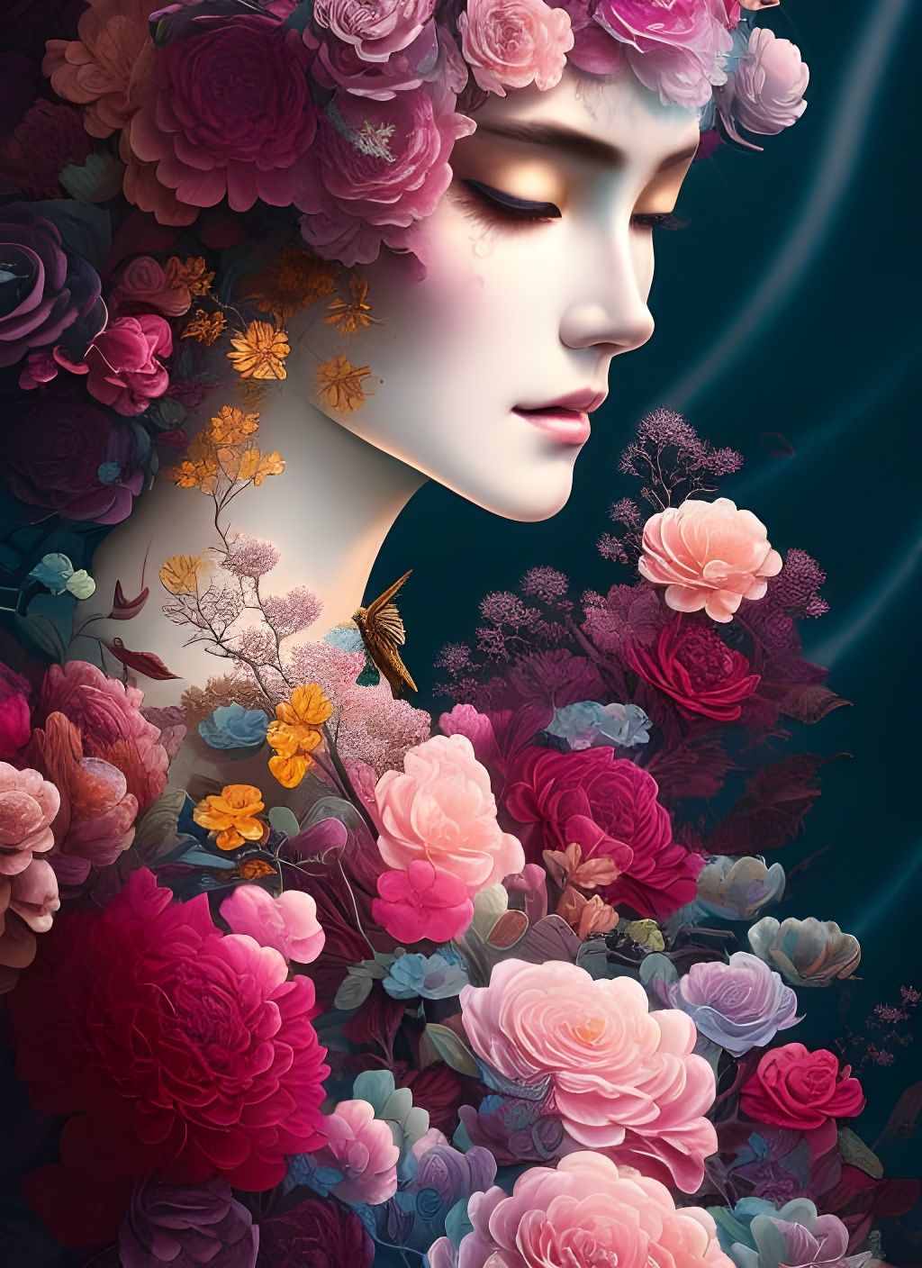 Elaborate Floral Winds Ink Illustration in Glassy Liquid