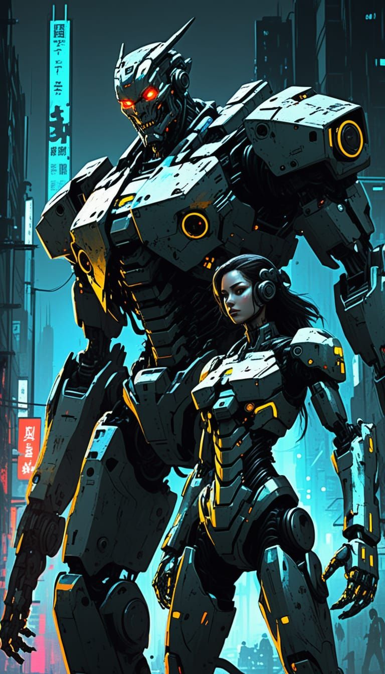 Robot Monster and Cyborg Woman in Yoji Shinkawa Style