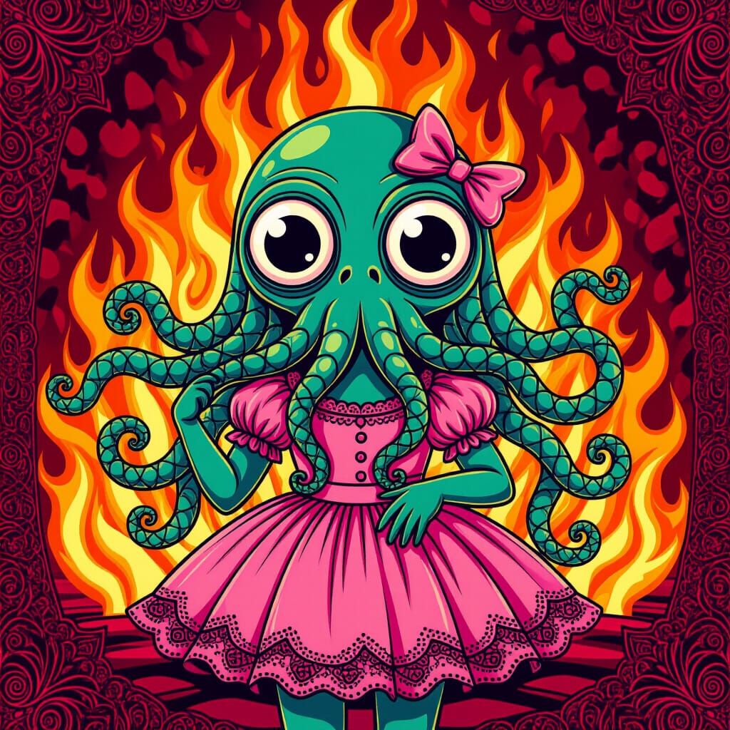 Cthulhu in Pink Dress with Bows, Fractal Art