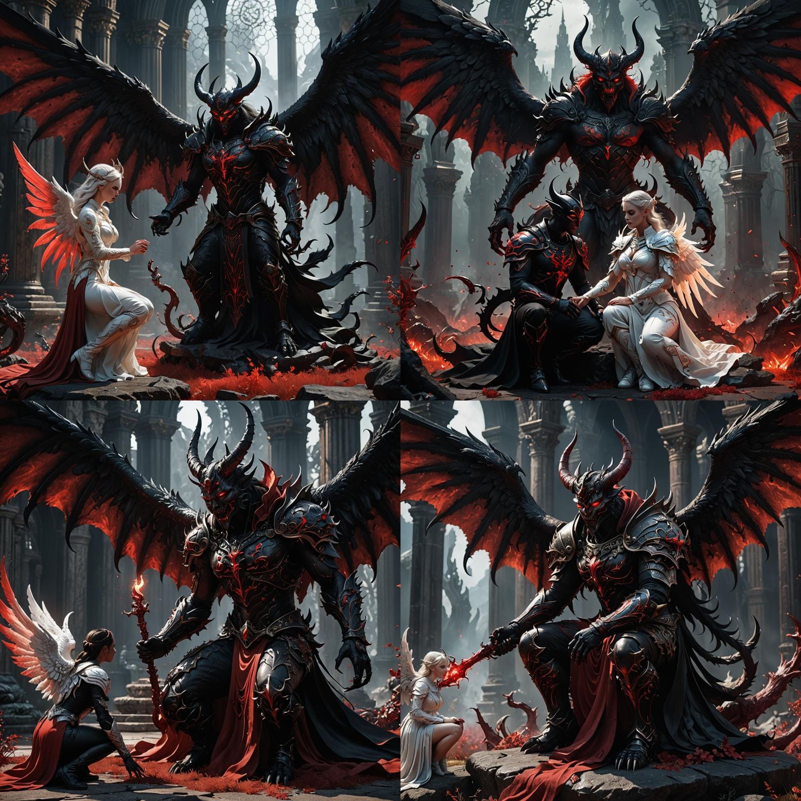Demon's Allegiance: Red and Black Kneels to Angelic White