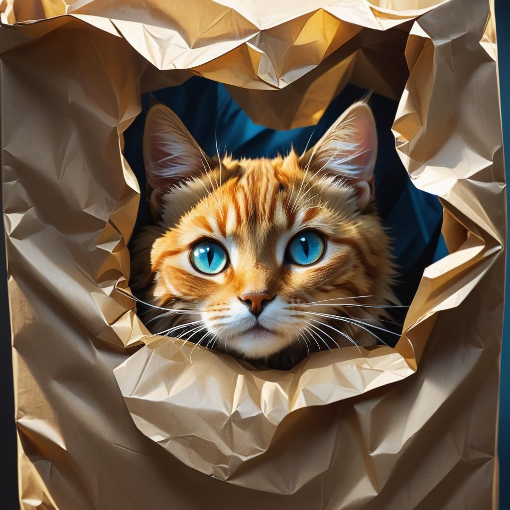 Whimsical Cat Emerges from a Bag in Fantasy Light