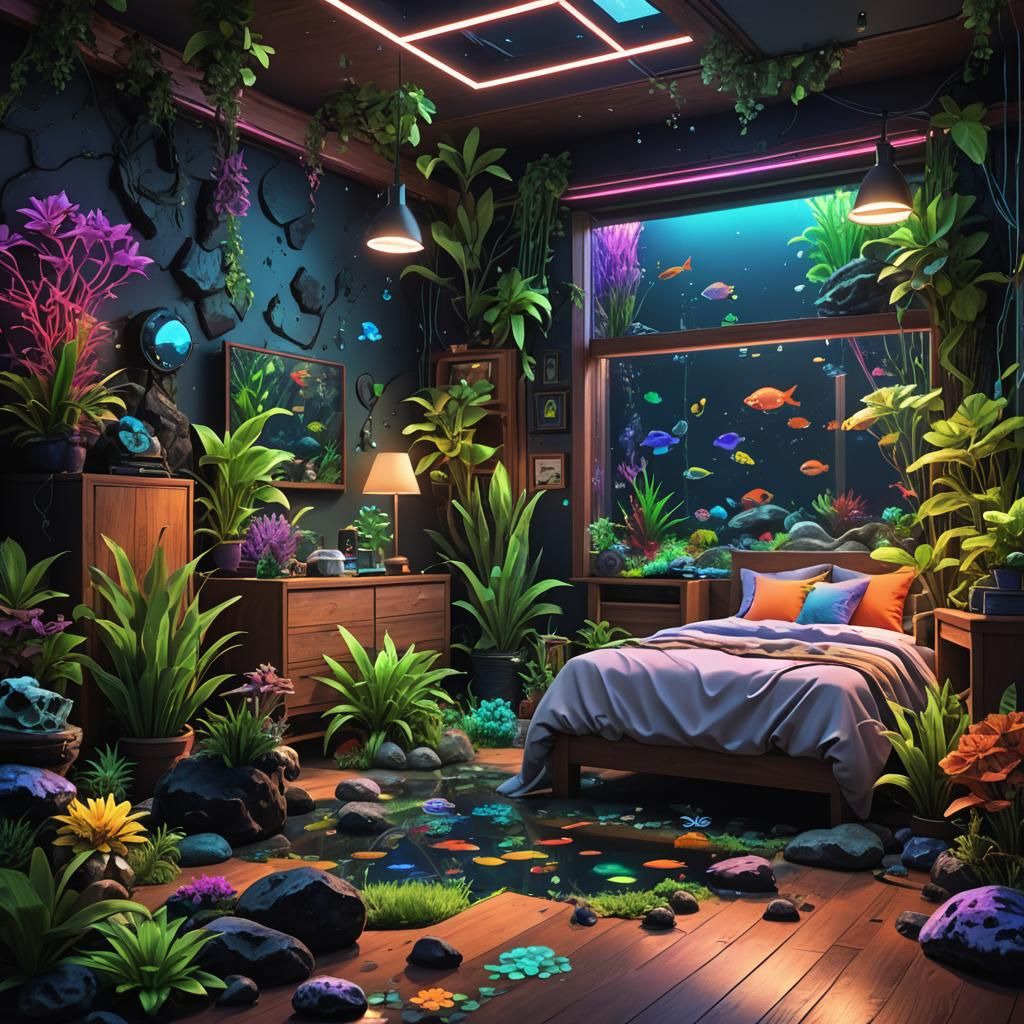 Hyperrealistic Bedroom Aquarium with Neon Lights and Lush Pl...