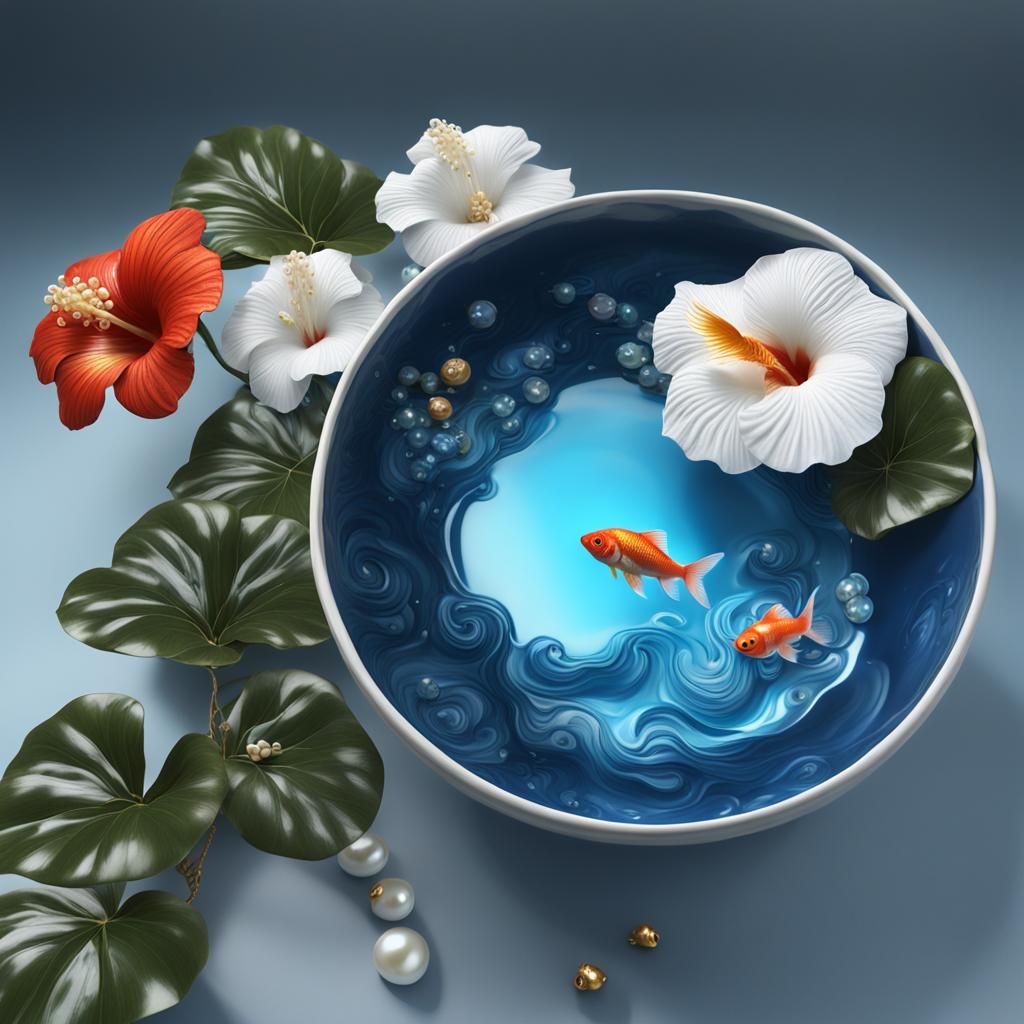 Hibiscus and Goldfish in Asian Bowl, Detailed Painting