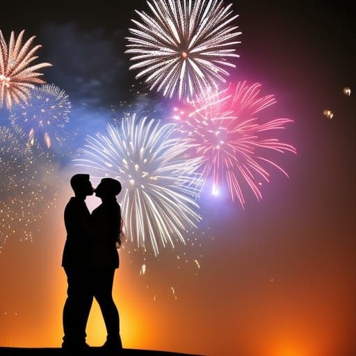 Romantic Kiss Under Fireworks Display in Photorealistic Styl...
