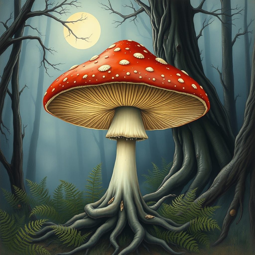 Whimsical Fly Agaric Mushroom in Moonlit Forest