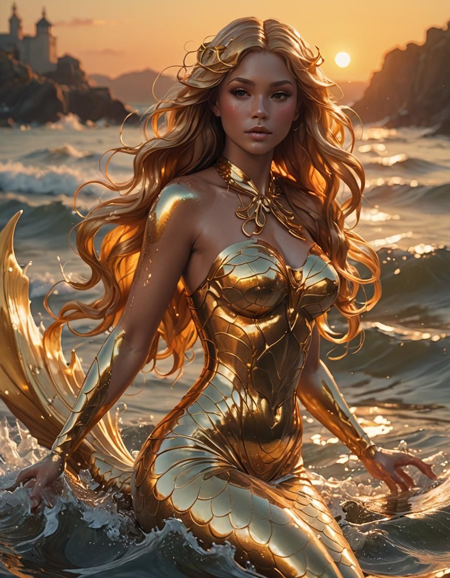 Golden Mermaid at Sunrise: Hyperdetailed Fantasy Art