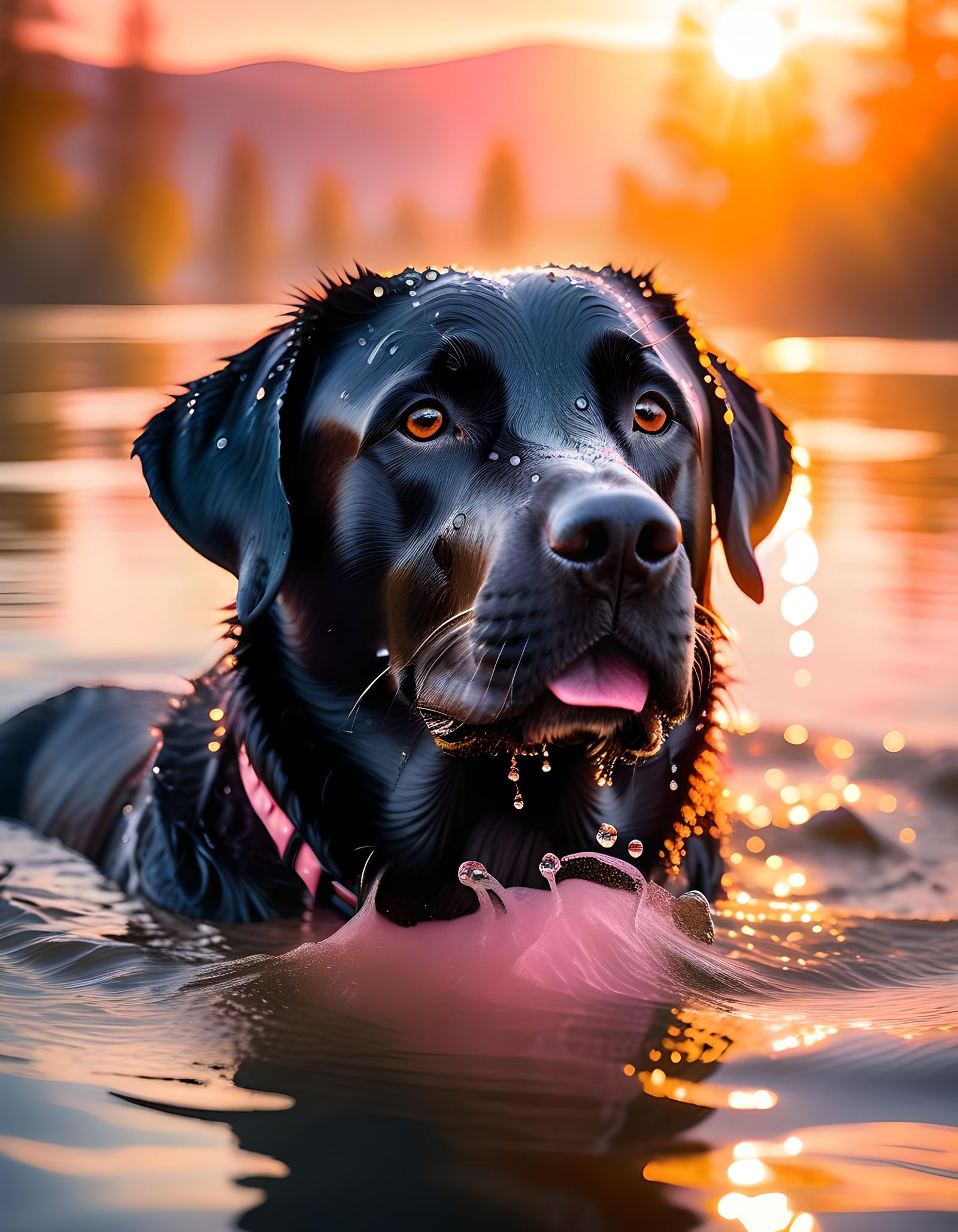 Labrador Dog Emerges from Lake at Sunrise