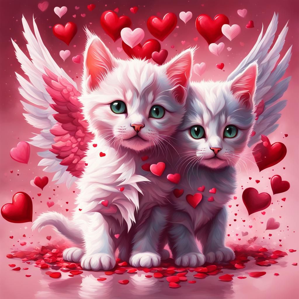 Pink Kittens with Angel Wings and Hearts