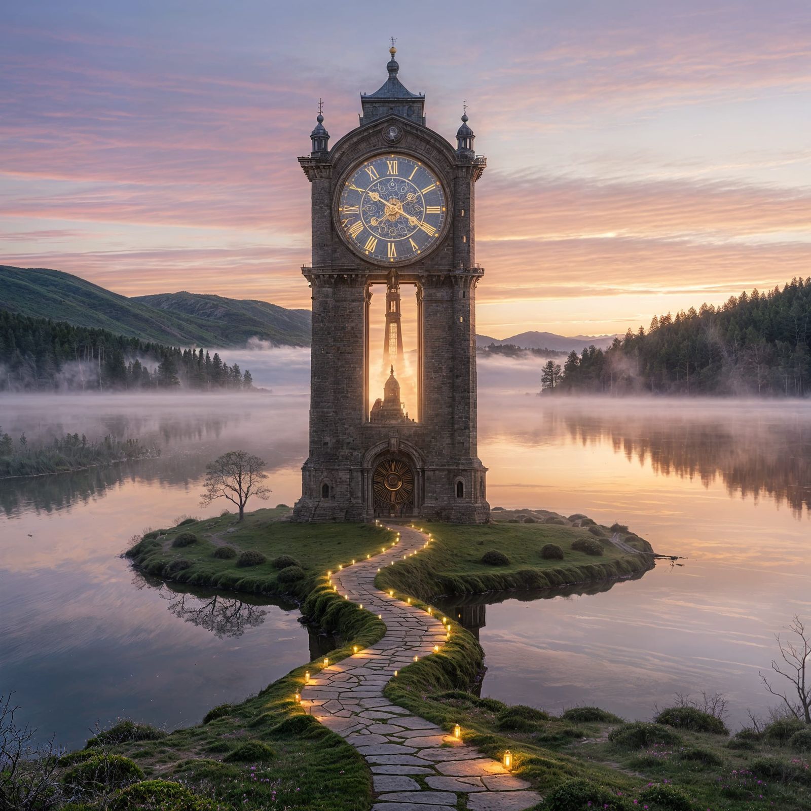 Surreal Clock Tower on Misty Lake at Sunrise