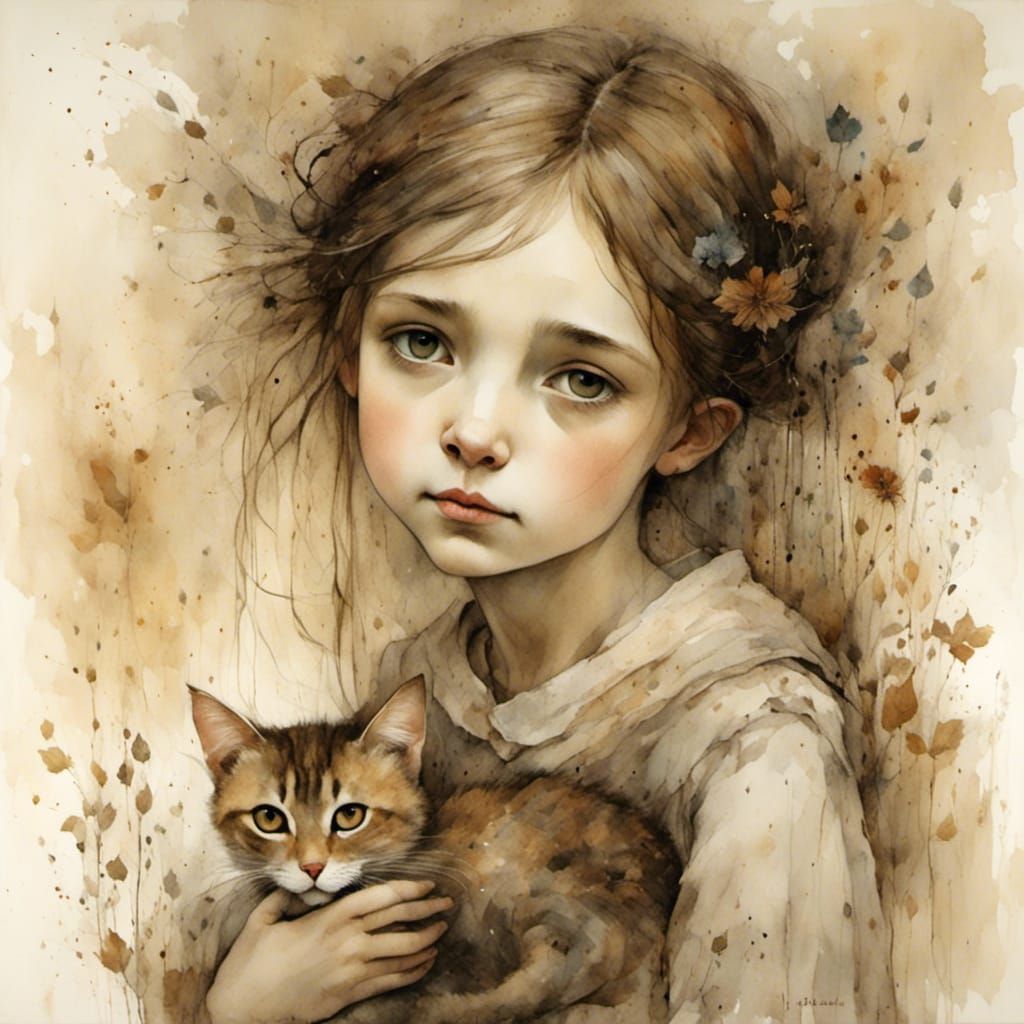 Girl Hugging Cat in Gentle Art Style