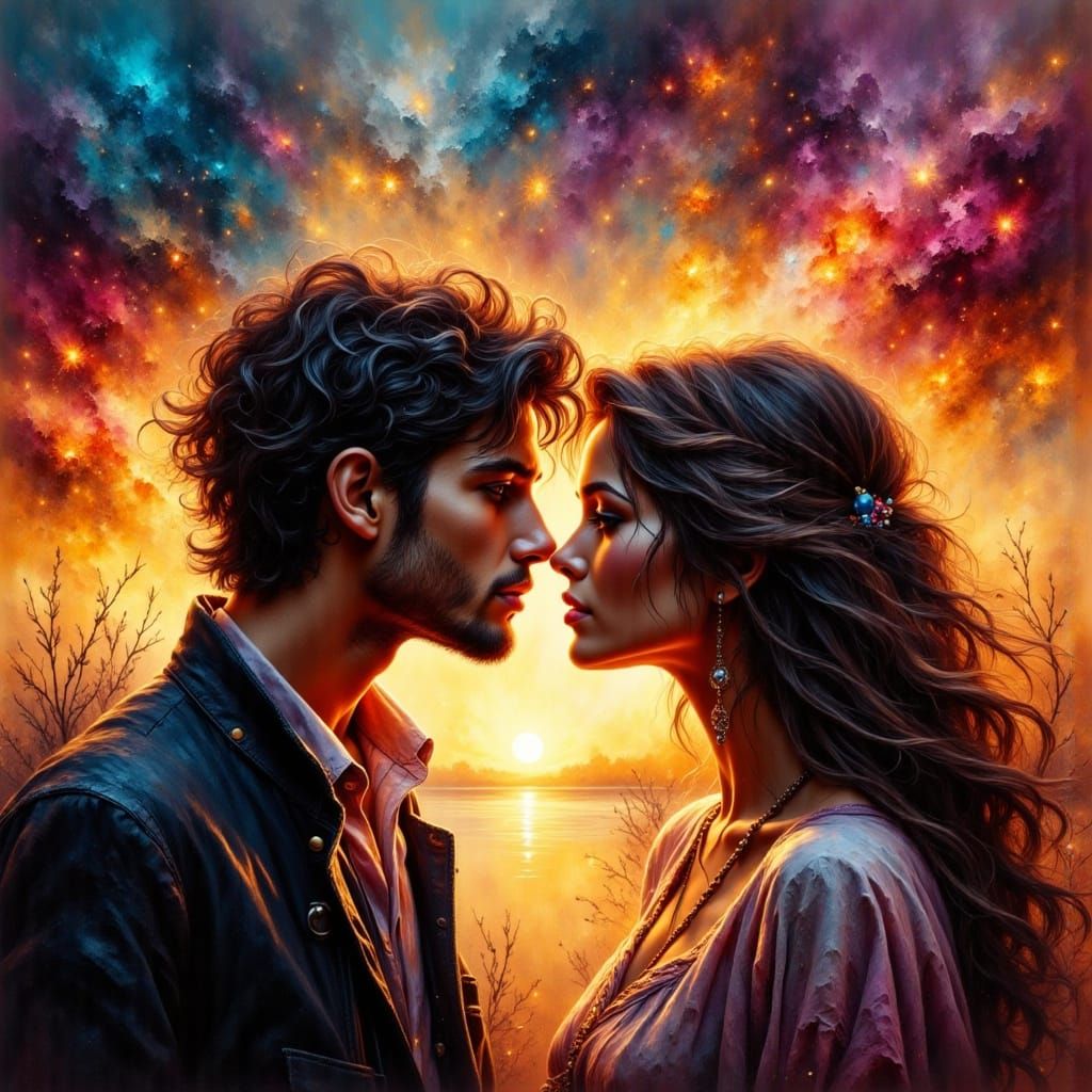 Farewell Kiss in Sunset Fog, Hyperrealistic Splash Art