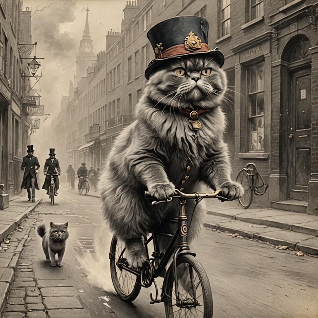 Gray Persian Cat Skateboarding in London, Charcoal Drawing