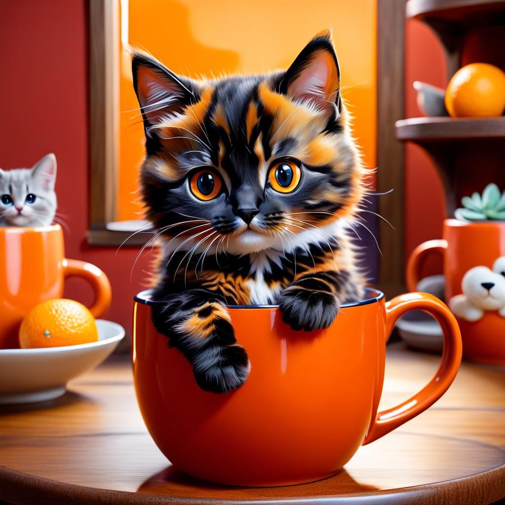 Adorable Kitten in Mug, Digital Art