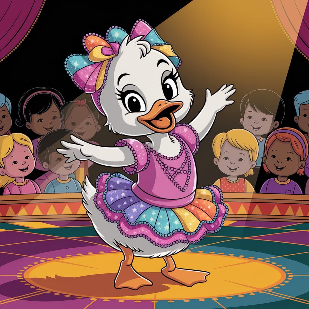 Whimsical Duckling Dances on Stage in Sequined Outfit