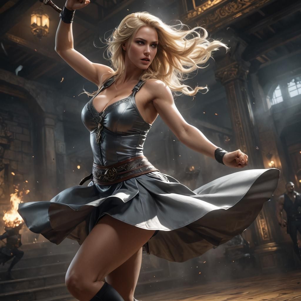 Blonde Woman's Spinning Kick in Dark Fantasy Battle