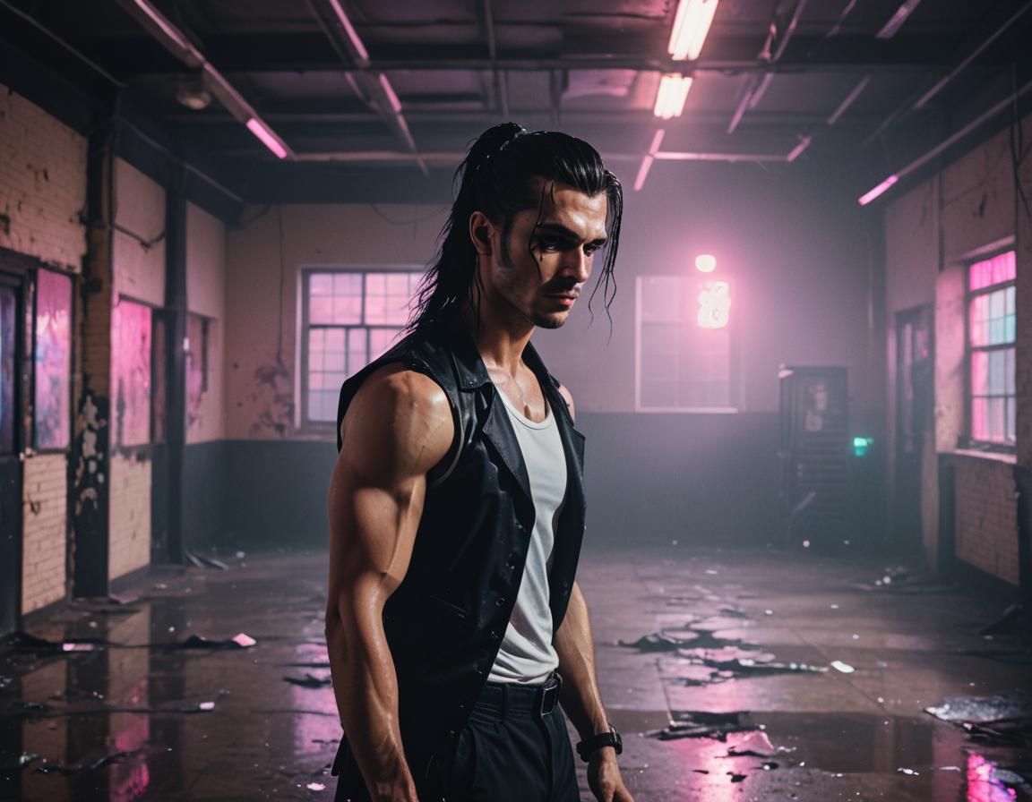 Gothic Man in Abandoned School with Neon Lights
