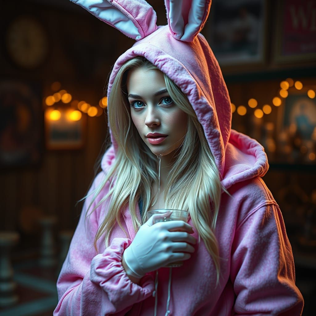 Hyperrealistic Blonde in Liquid Pink Bunny Suit