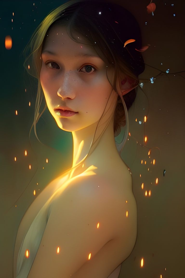 Girl with Fireflies: Digital Watercolor Portrait