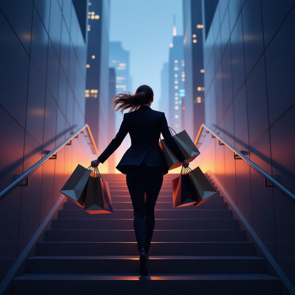 Businesswoman's Hasty Ascent in Syd Mead Style