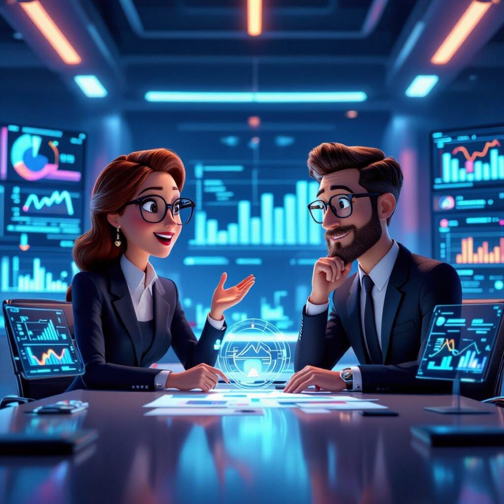 Pixar-Style Executives Brainstorming in Modern Boardroom