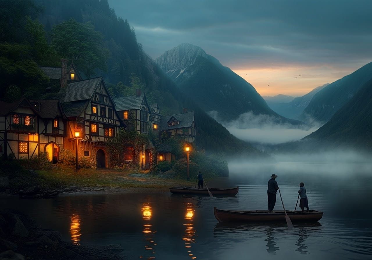 Medieval Village Awakens Amidst Sunrise on Enchanted Lake