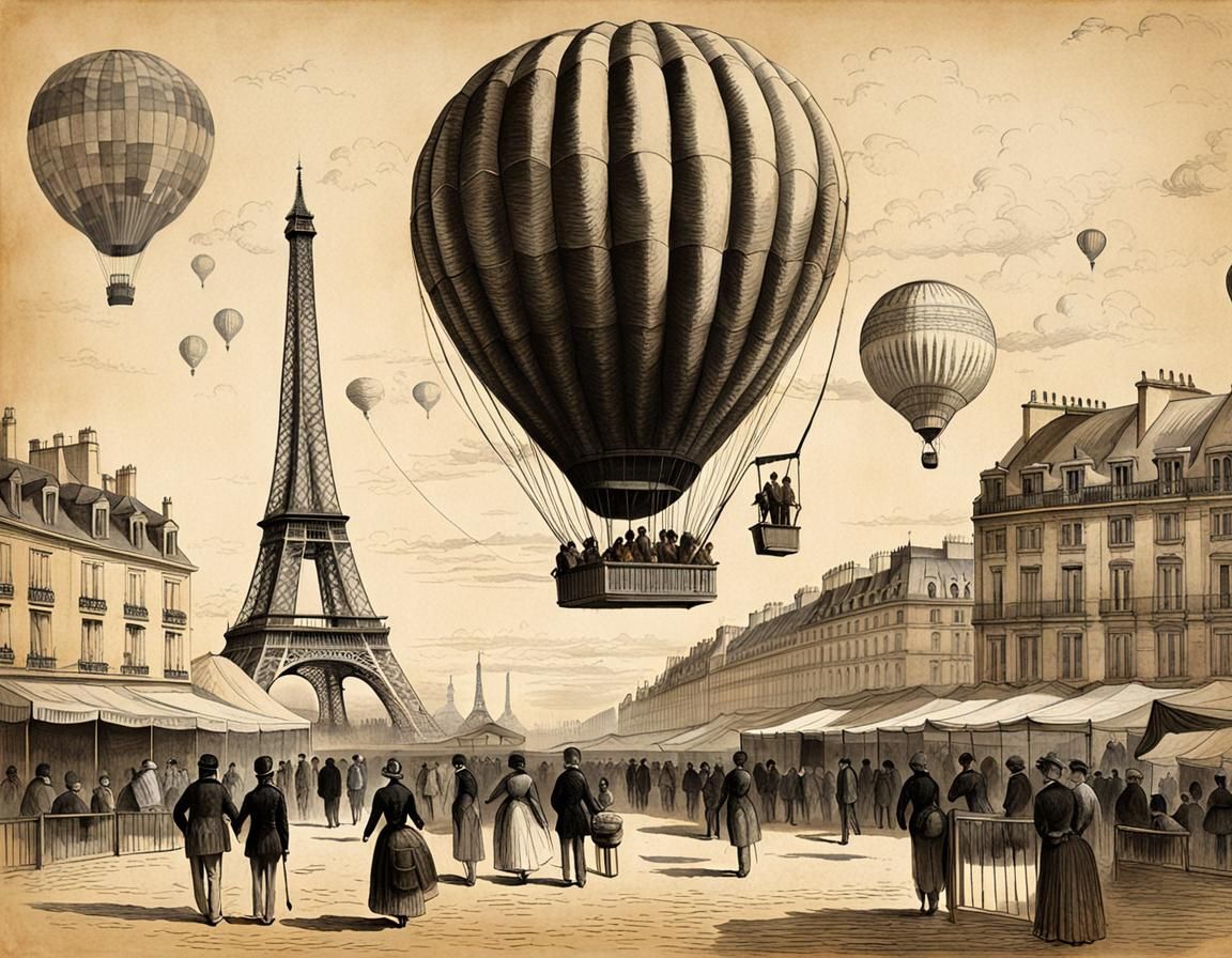 Balloons float over The Exposition Universelle – Paris, 1889