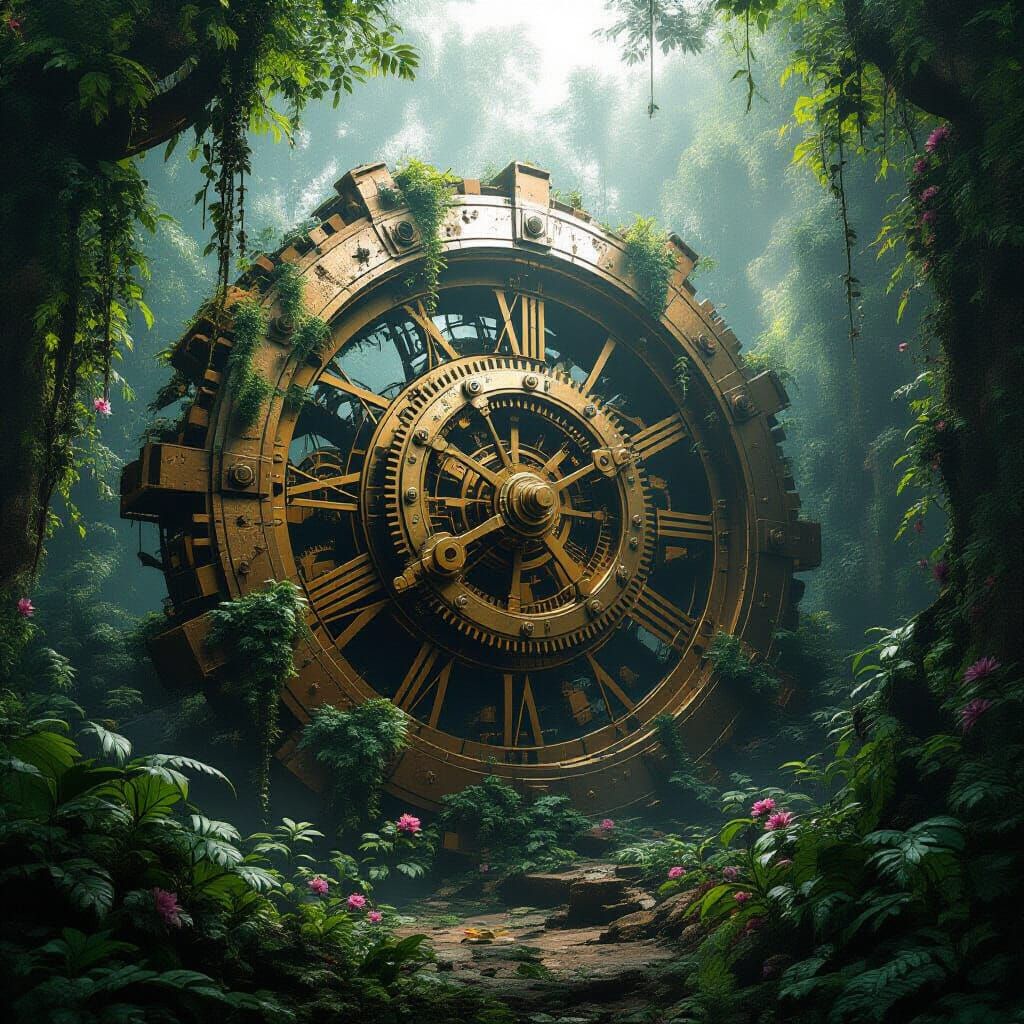 Ancient Jungle Clockwork Mechanism in Hyperrealistic Digital...