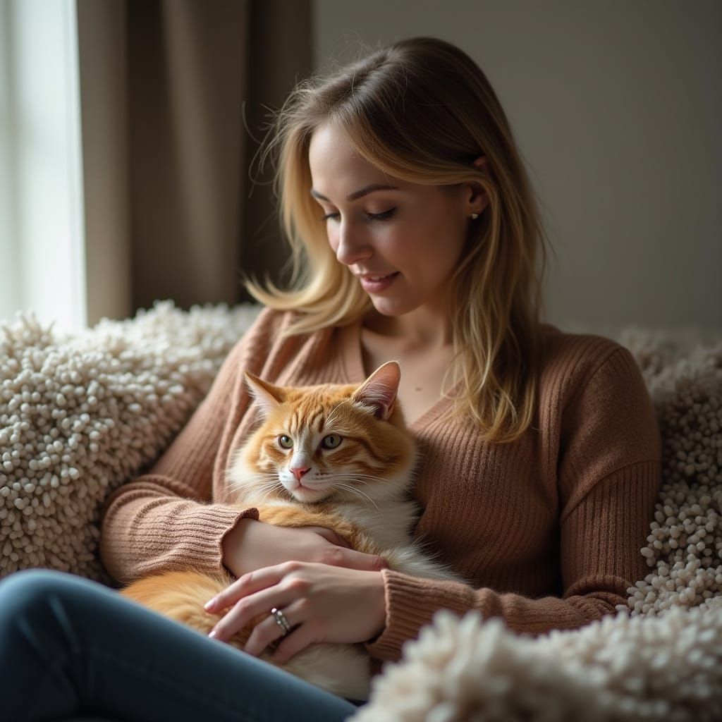 Woman Relaxing with Cat on Lap