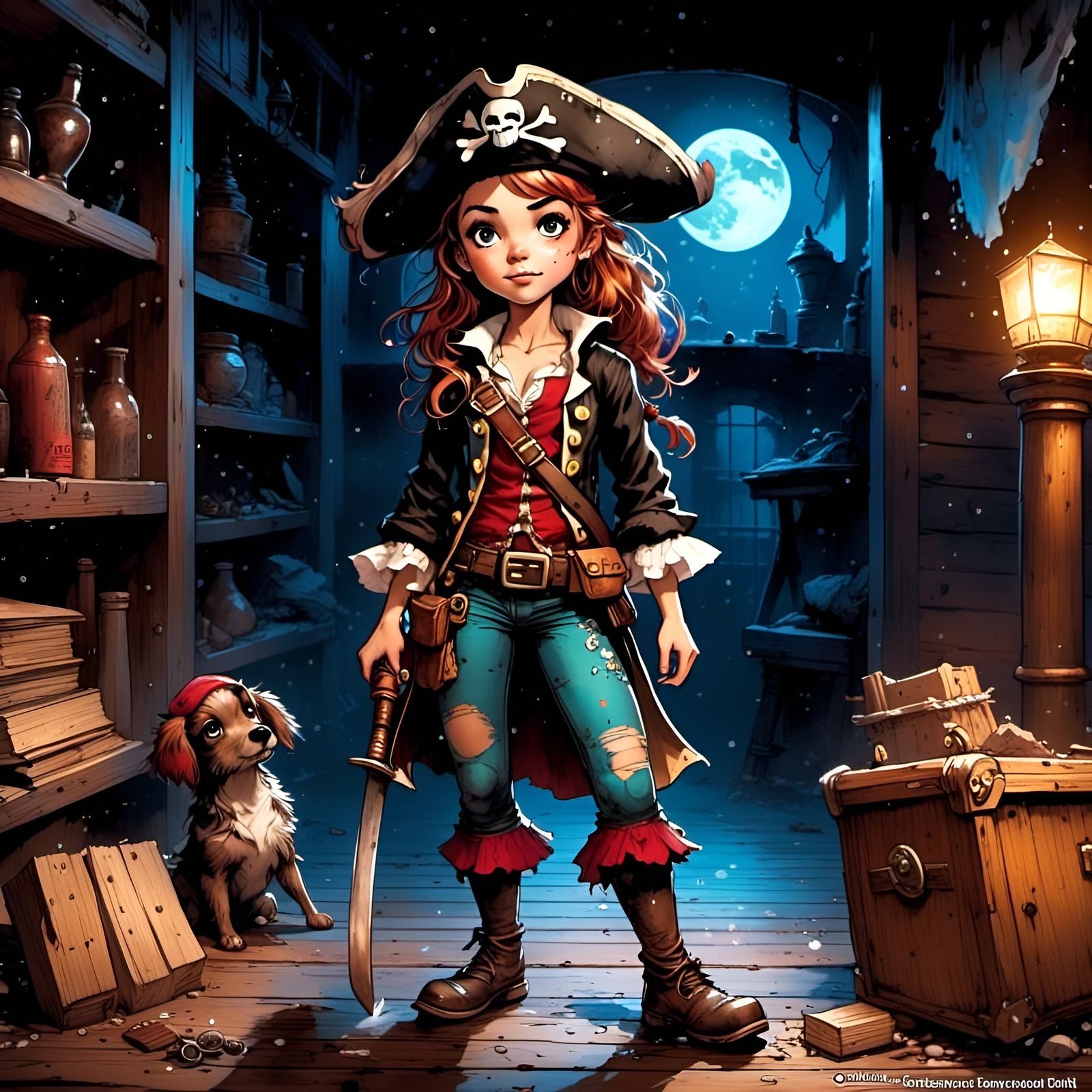 Charming Pirate Girl Portrait in Dark Fantasy Cartoon Style