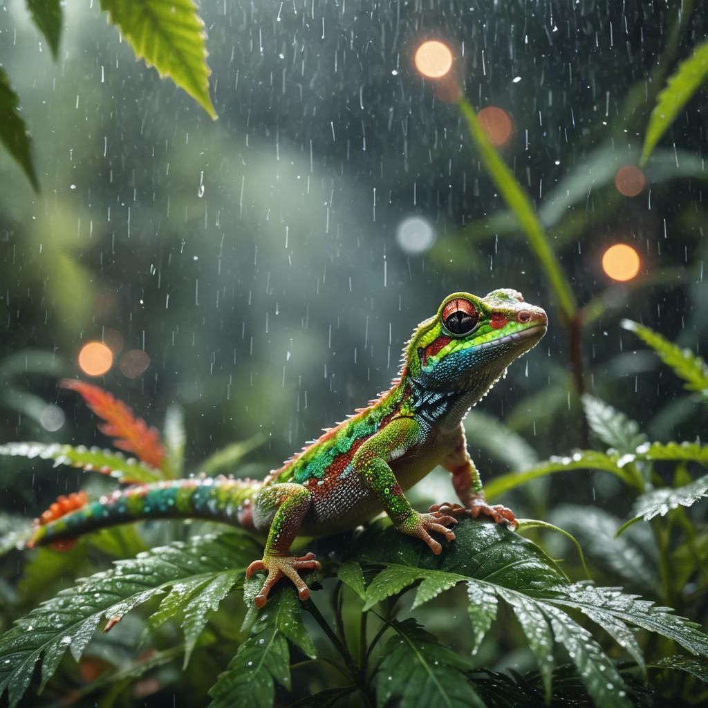 Glowing Gecko in a Cannabis Jungle, Professional Photography