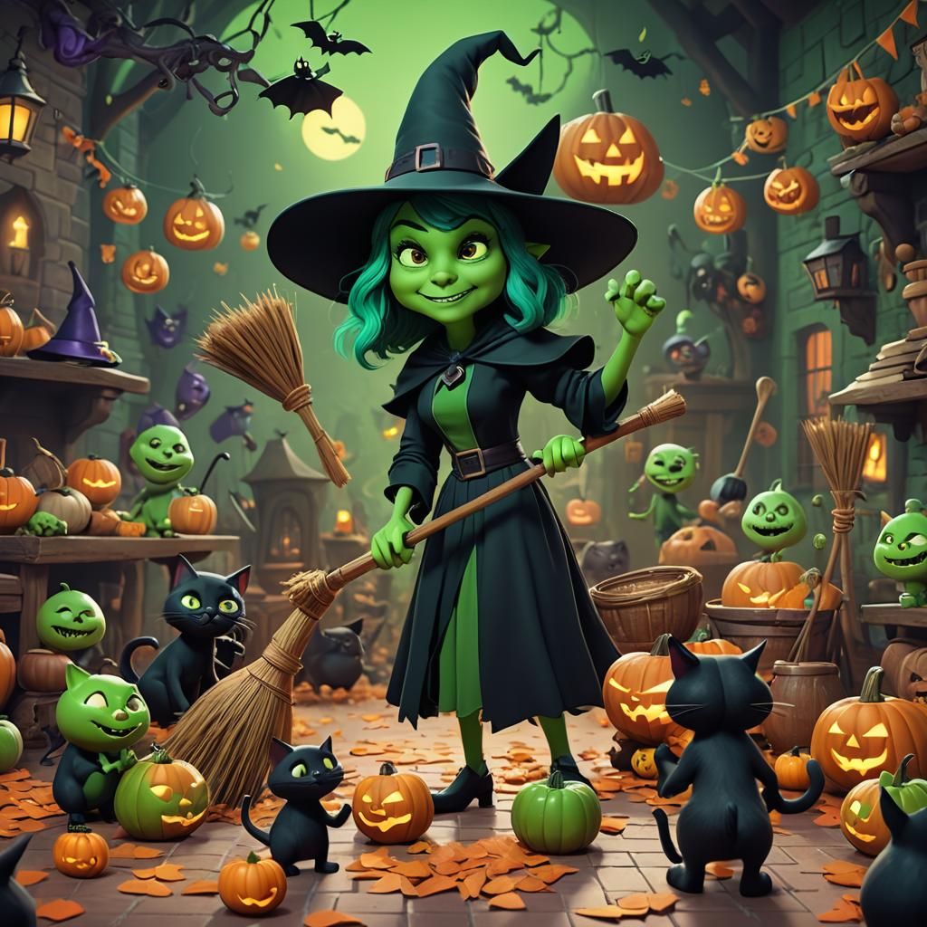 Cartoon Witch Teaching Halloween Rituals in 3D Style